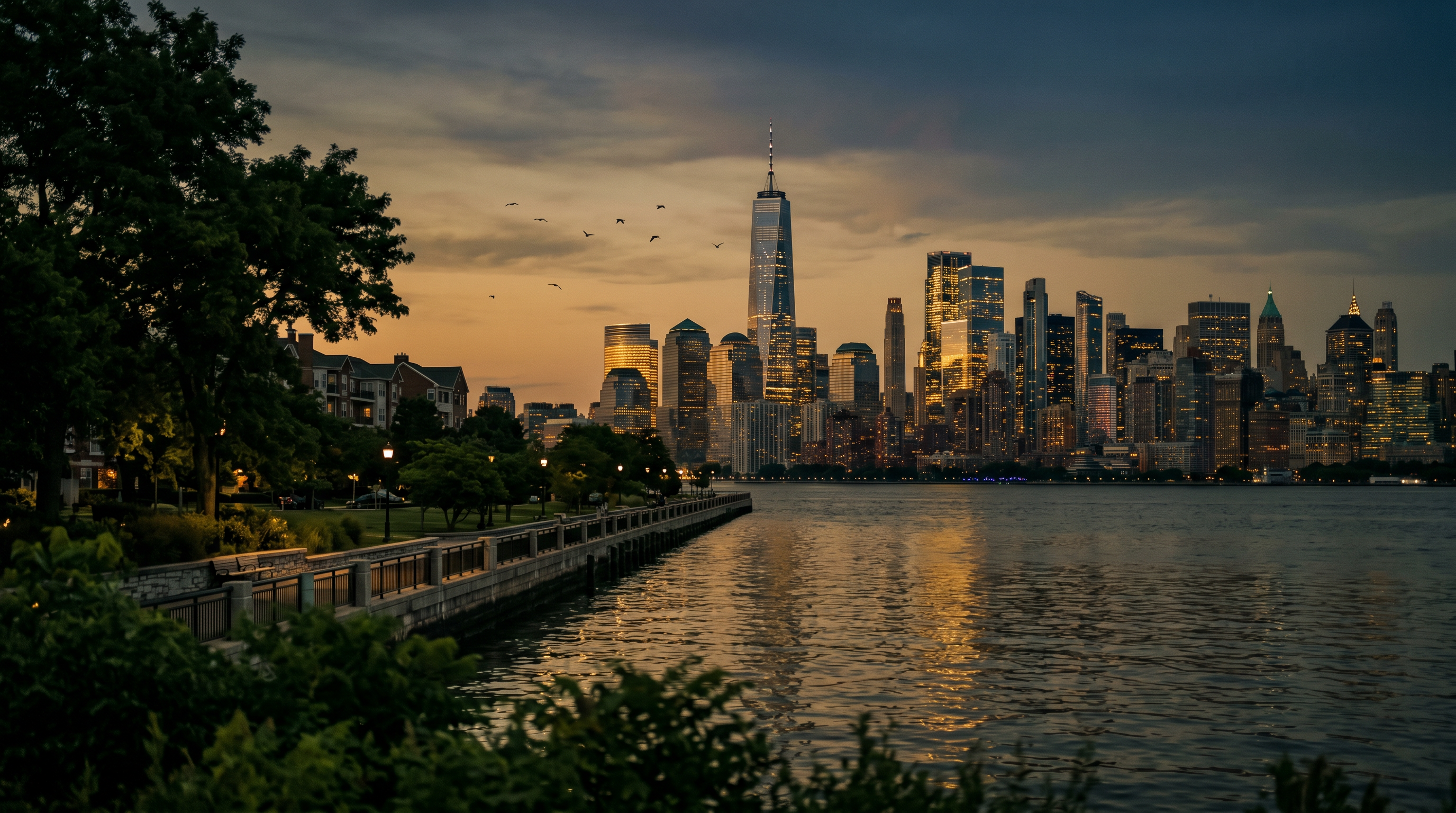 Manhattan skyline at dusk viewed from the New Jersey waterfront